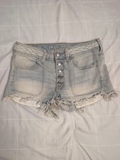 American Eagle Hi Rise Shortie Shorts Womens 4 Light Wash Braided Raw Hem Denim