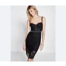 Express Black Lace Sheath Midi Dress Size 6 Spaghetti Strap Sweetheart Cocktail