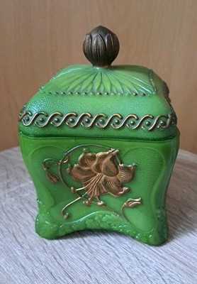 Green Art Nouveau Style Glass Jewelry Box with Brass Floral Decor, Lidded