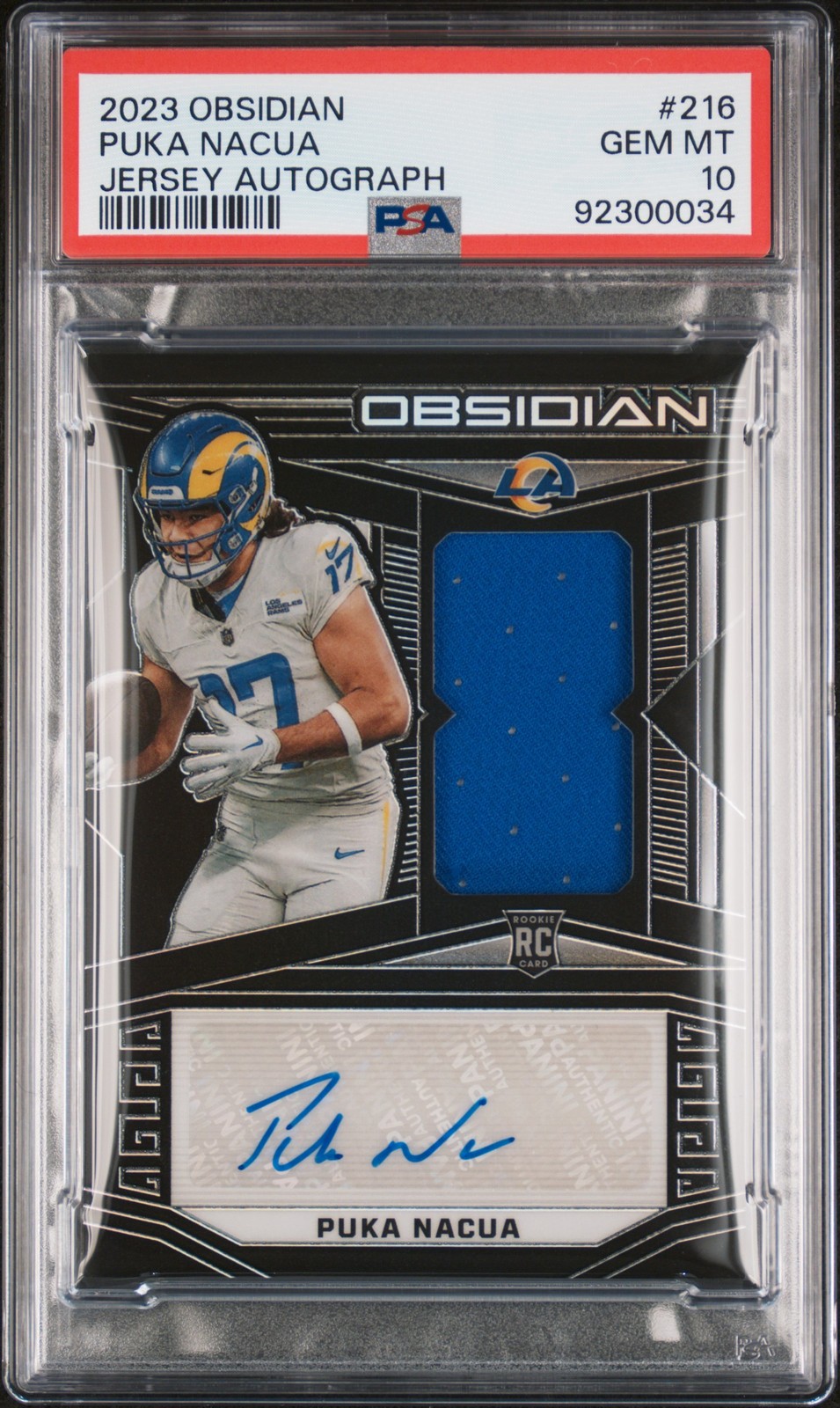 2023 Panini Obsidian #216 Puka Nacua Jersey Autograph Auto PSA 10 /199
