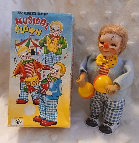 Vintage Nomura Wind Up Musical Clown Litho Tin Toy Japan 1950s Working Orig Box