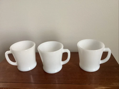 3-Vintage Anchor Hocking Fire King White Milk Glass D Handle Coffee Cup Mugs