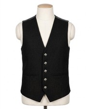 Solid Black Tartan VEST Formal 5 Buttons Wedding Kilt WAISTCOAT