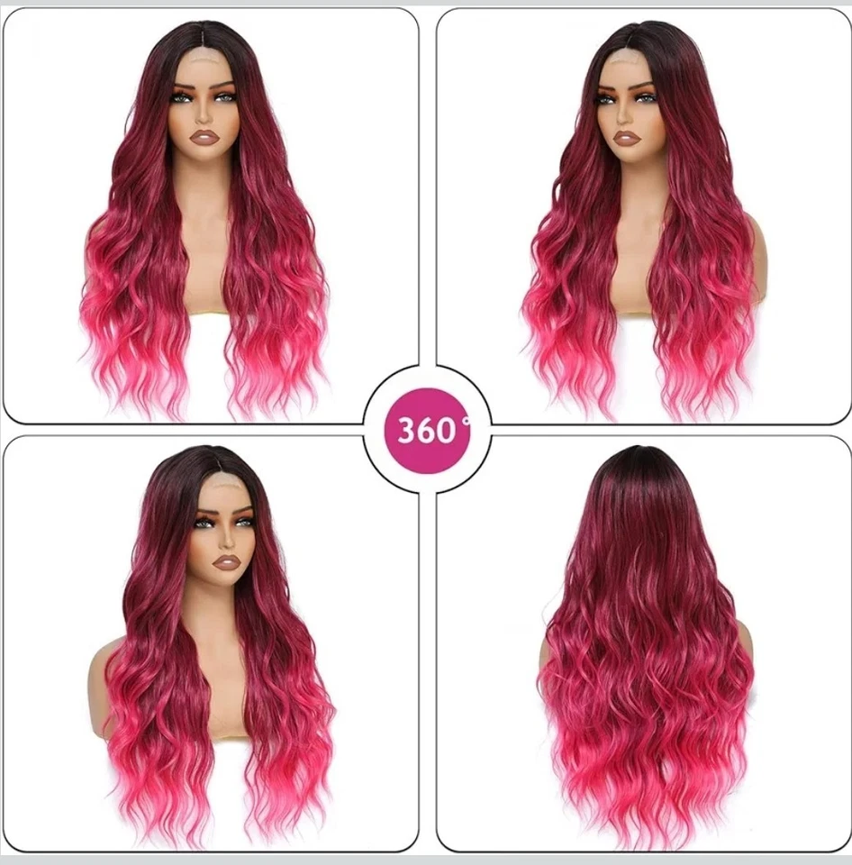 Peluca larga rosa, peluca larga ondulada peluca frontal de encaje peluca pastel, peluca ombre, peluca rosa rizado Foto 2 de 4