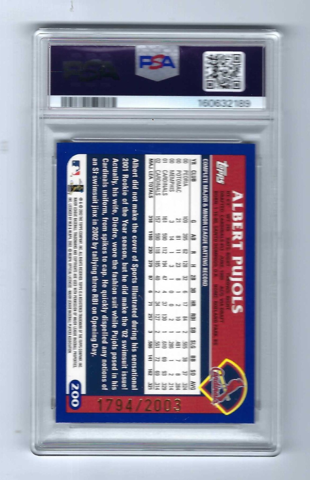 2003 Topps Gold #200 Albert Pujols Cardinals 1794/2003 PSA 8 NM-MT view 2