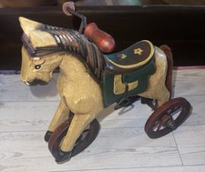 Vintage Small Wooden Horse Metal Tricycle Folk Art Toy Replica Decoration