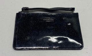 Coach Black Glitter Patent Leather Large Wristlet Pouch Silver Hardware