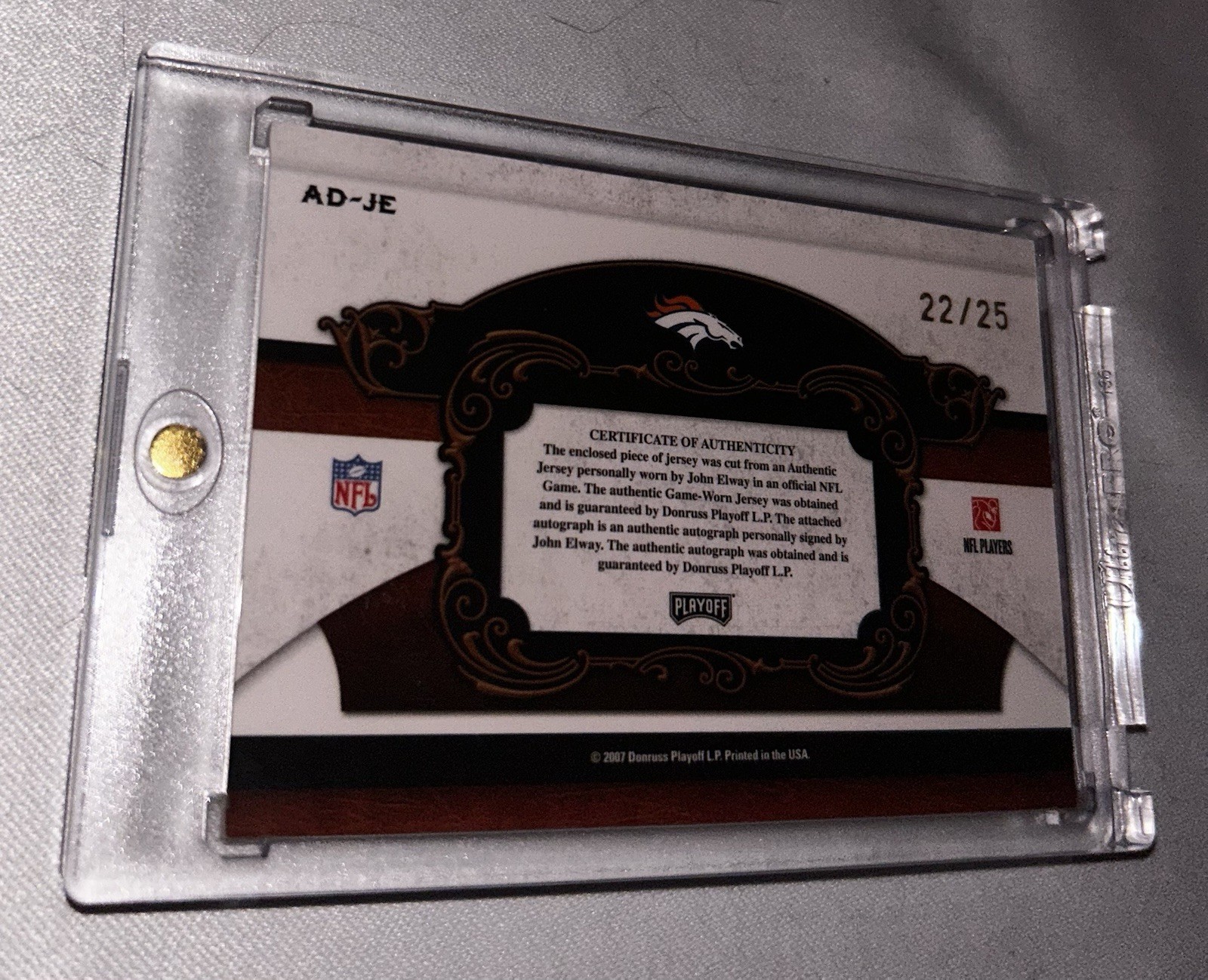 JOHN ELWAY 07 NATIONAL TREASURES GAME USED 3 COLOR PATCH JERSEY AUTO SP / 25 ! view 4