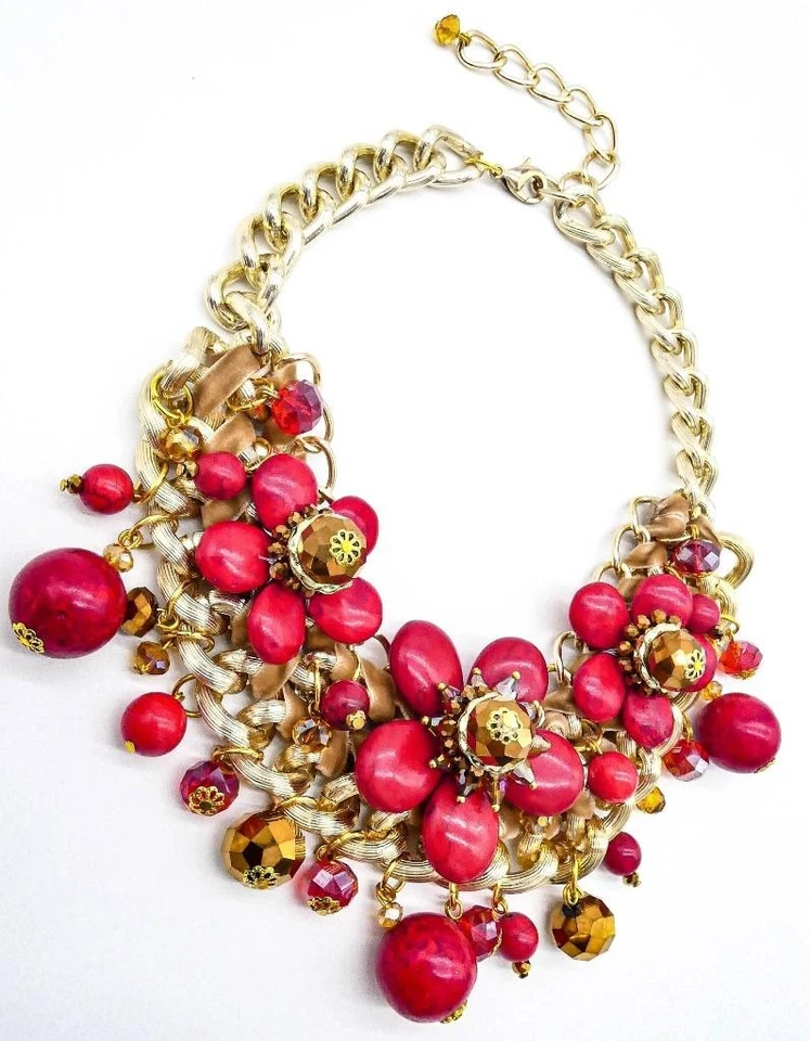 IMPRESIONANTE Collar Cadena Oro Racimos Florales Cristales Bronce Cuentas Turquesa Roja Foto 3 de 4