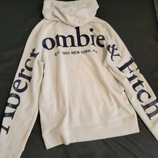 Abercrombie Fitch Mens Soft Fleece Hoodie Cream Black Logo Graphic Medium