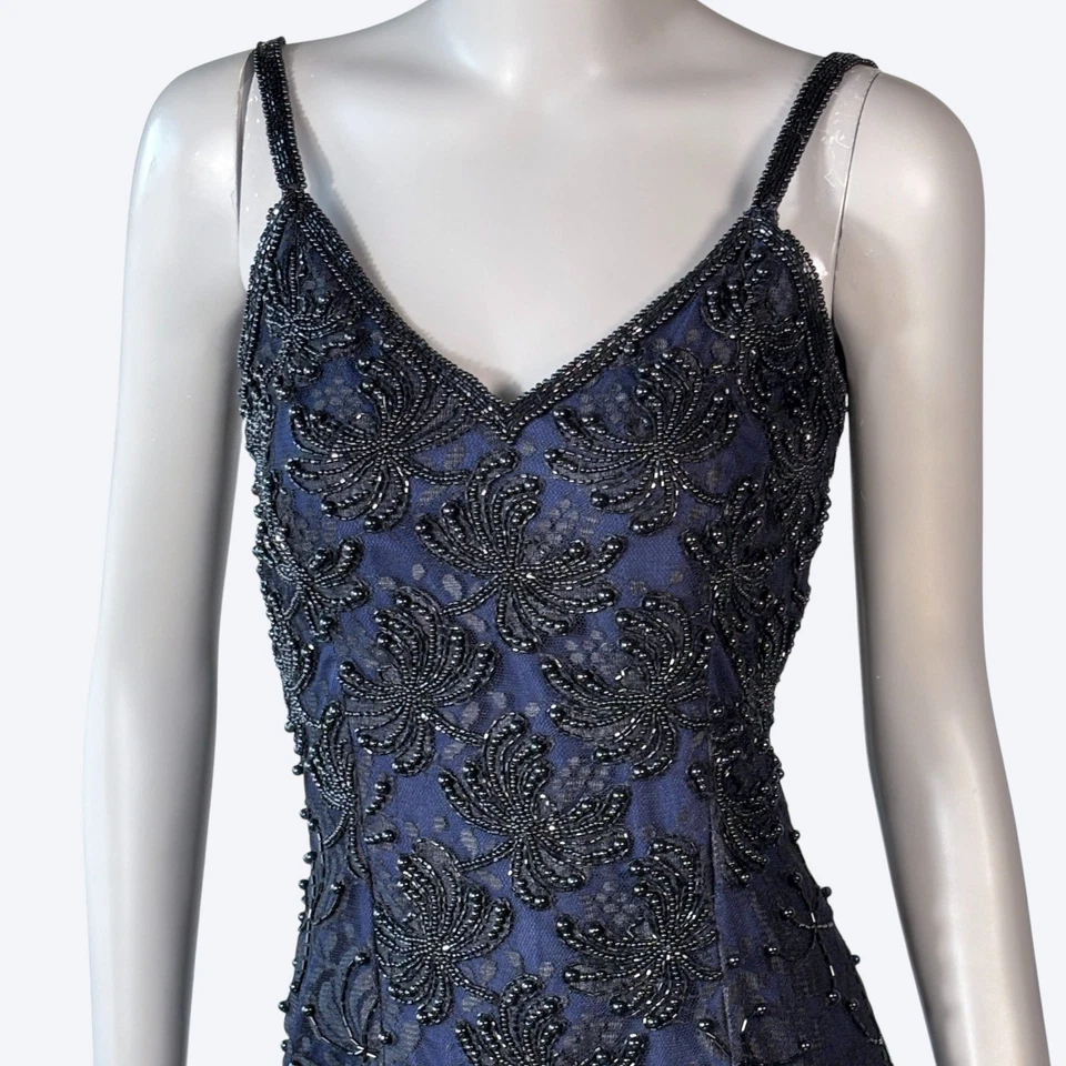 Винтажный 90-х Laurence Kazar синий полностью бисером цветочный вечернее платье макси платье размер S - Изображение 3 из 4