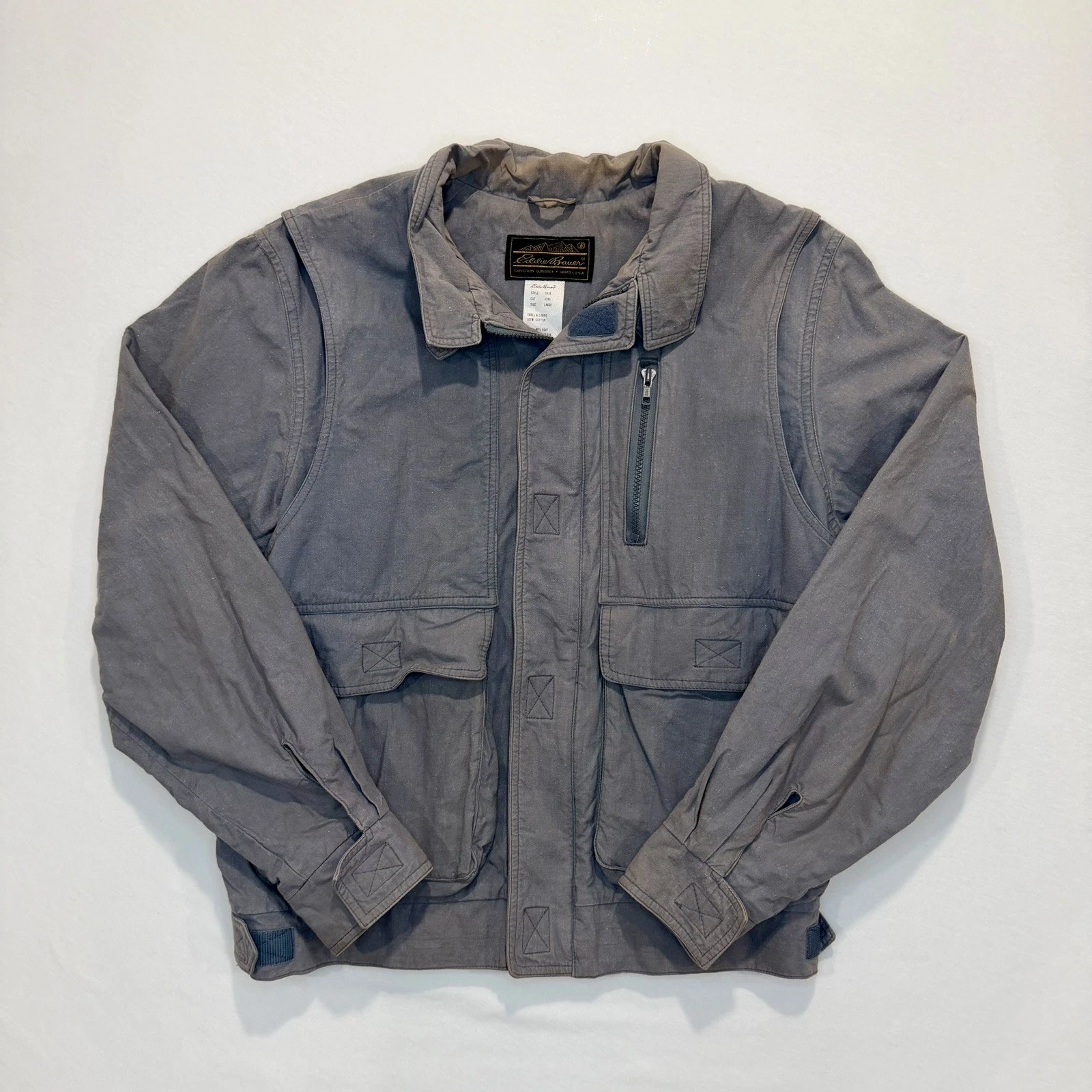 Vintage Eddie Bauer Gray Cargo Utility Jacket Men Sz Large 1980s USA Faded Coat