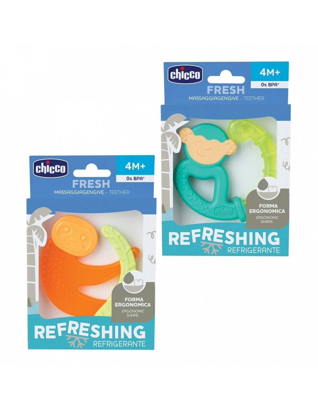 Chicco Multicolore Anello Da Dentizione, Bite Ring Fresh - Monkey & Rabbit - 4M+ (4 Mesi) - Immagine 2