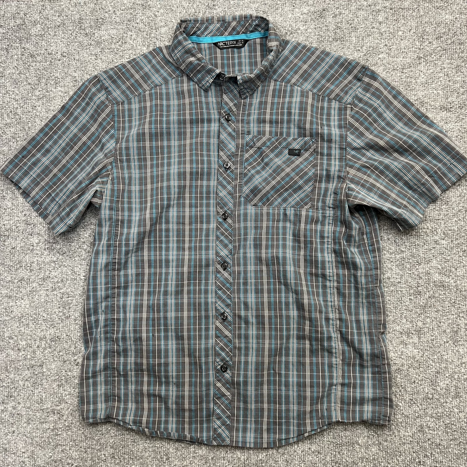 Arc'teryx Camicia Uomo Grigio Medio Blu Plaid Manica Corta Bottoni Outdoor