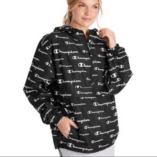 Champion Women's All Over Logo Packable Windbreaker Hooded Jacket Pullover XS