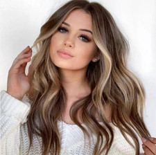 100 Human Hair New Fashion Gorgeous Women's Long Brown Mix Blond Wavy Wig 24 In