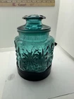 Vtg. Federal Glass Scroll Teal Blue Canister Apoth. Jar W Lid