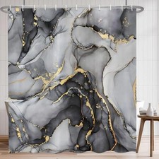 Marble Shower Curtain, Modern Abstract Luxury Gold Ink 72"W x 72"L Black