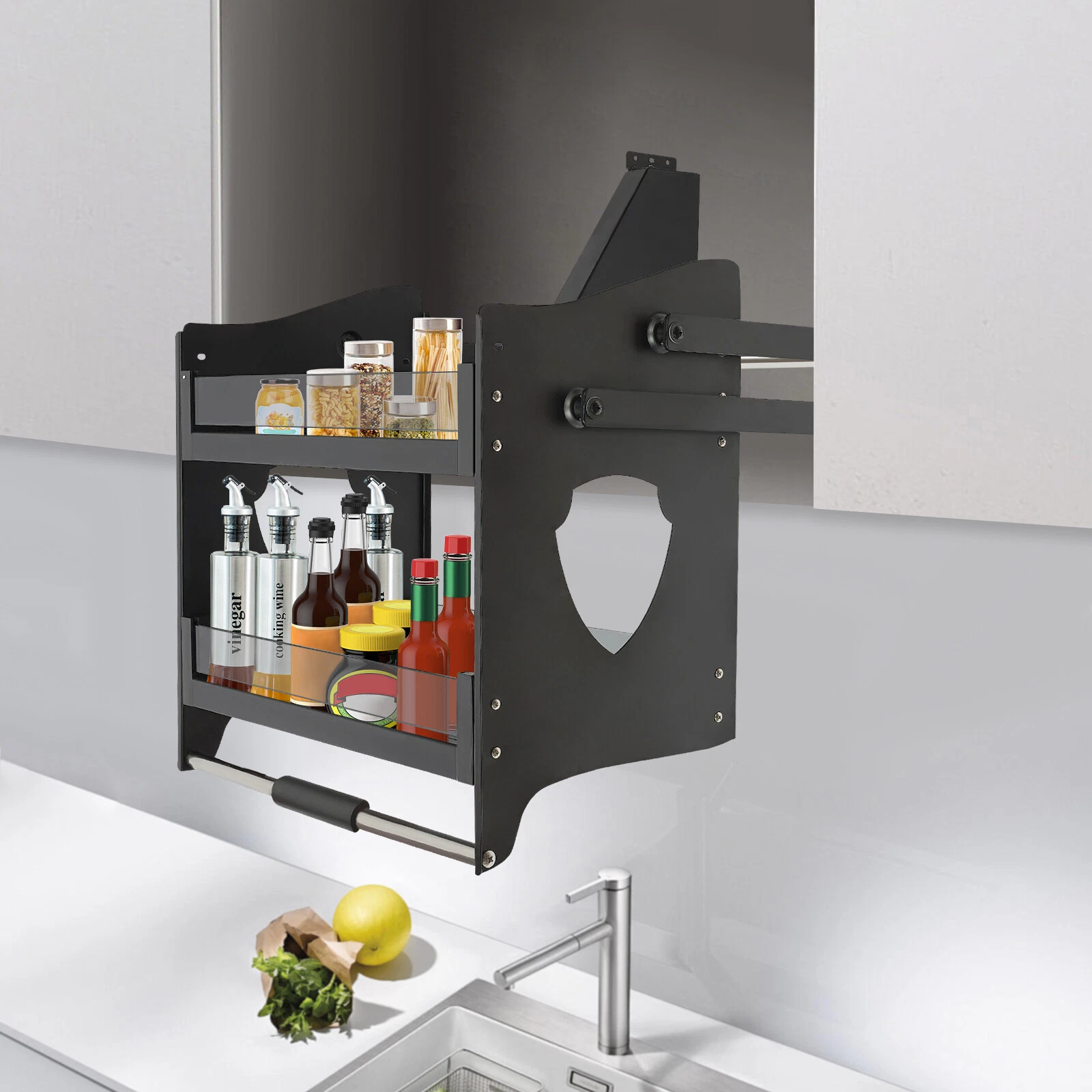 Pull Down Cabinet Organizer 2 Tier Pull-Out Cabinet Wall Shelf Spice Dishes Rack