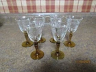 SET OF 6 ELEGANT DEPRESSION GLASS AMBER STEM CORDIAL GLASSES ETCHED FLORAL