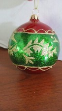 GIFTCRAFT Red Green Gold Glitter 3.5" GLASS BALL Christmas Holiday ORNAMENT NWT