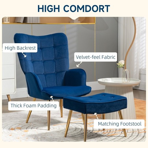 Armchair Velvet Accent Chair Tufted Wingback Recliner Ottoman Footstool Bedroom - Picture 15 of 27