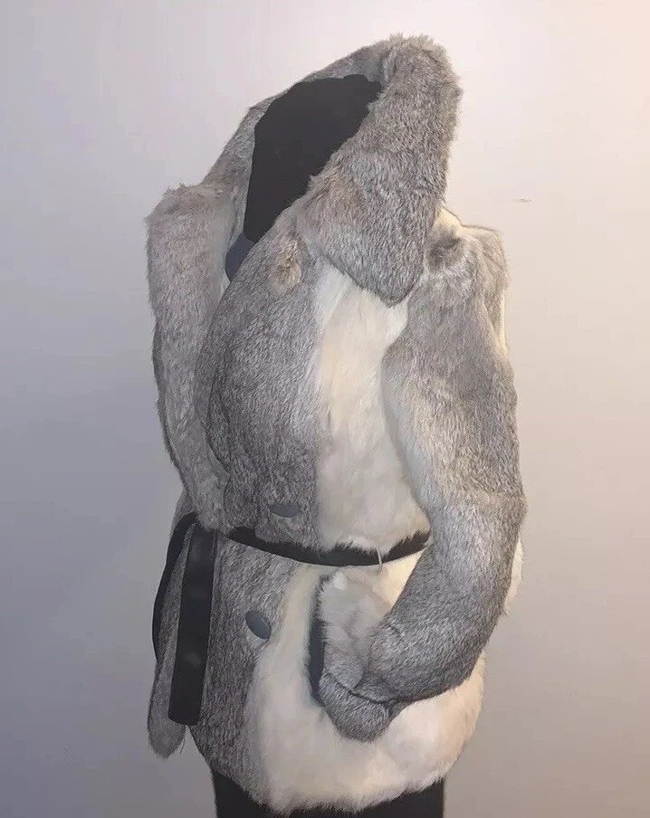 Abrigo I J Fox Boston Blanco Gris Piel de Conejo Guisante Extraíble Cinturón Botón Bolsillo Pequeño Foto 4 de 4