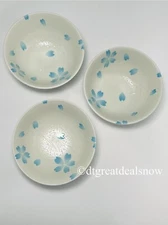 Naomi Ceramic Rice Bowl White Blue Textured Interior Set of 3 Made In Japan