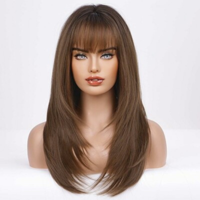 Wig - Human Hair Blend - Long Straight Layered Dark Brown Bangs Heat Resistant