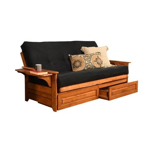 Futon Bed Set - Full Sz Solid Wood Futon w/Cotton Mattress & Storage - Black - Picture 2 of 9