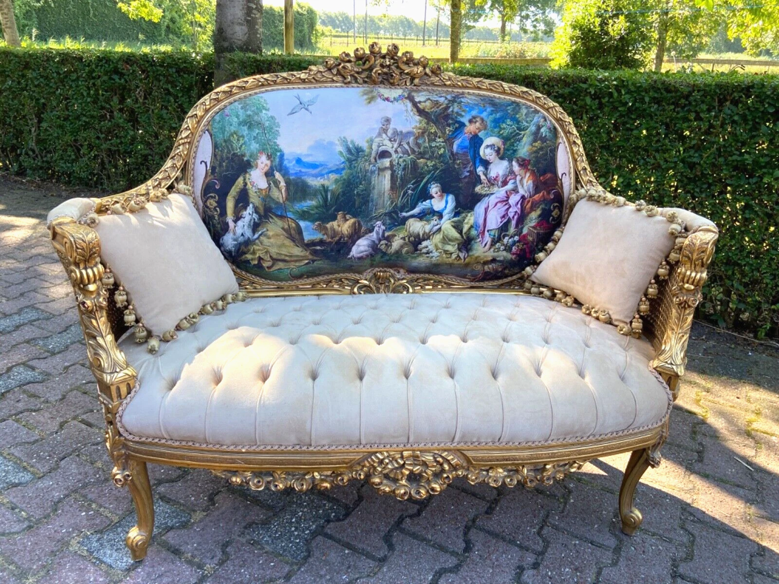 Sofa French Louis XVI Style Vintage 1960 Gold Leaf Beech Velvet Luxury