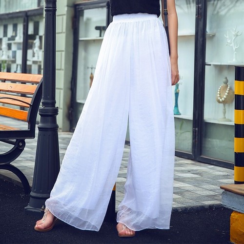 Donna Chiffon Spiaggia Svasato Pantaloni a Gamba Larga Vita Alta Maxi  Culotte | eBay