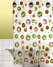 Christmas Shower Curtain Set PEVA VInyl w 12 Resin Hooks Snowman Penguin Design