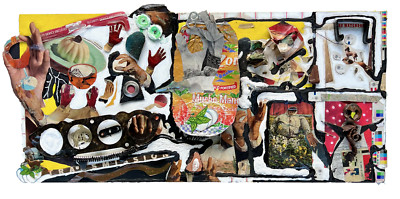 HANDS AND HEARTBEATS... Hands Dogs Found Object Collage Painting - Original