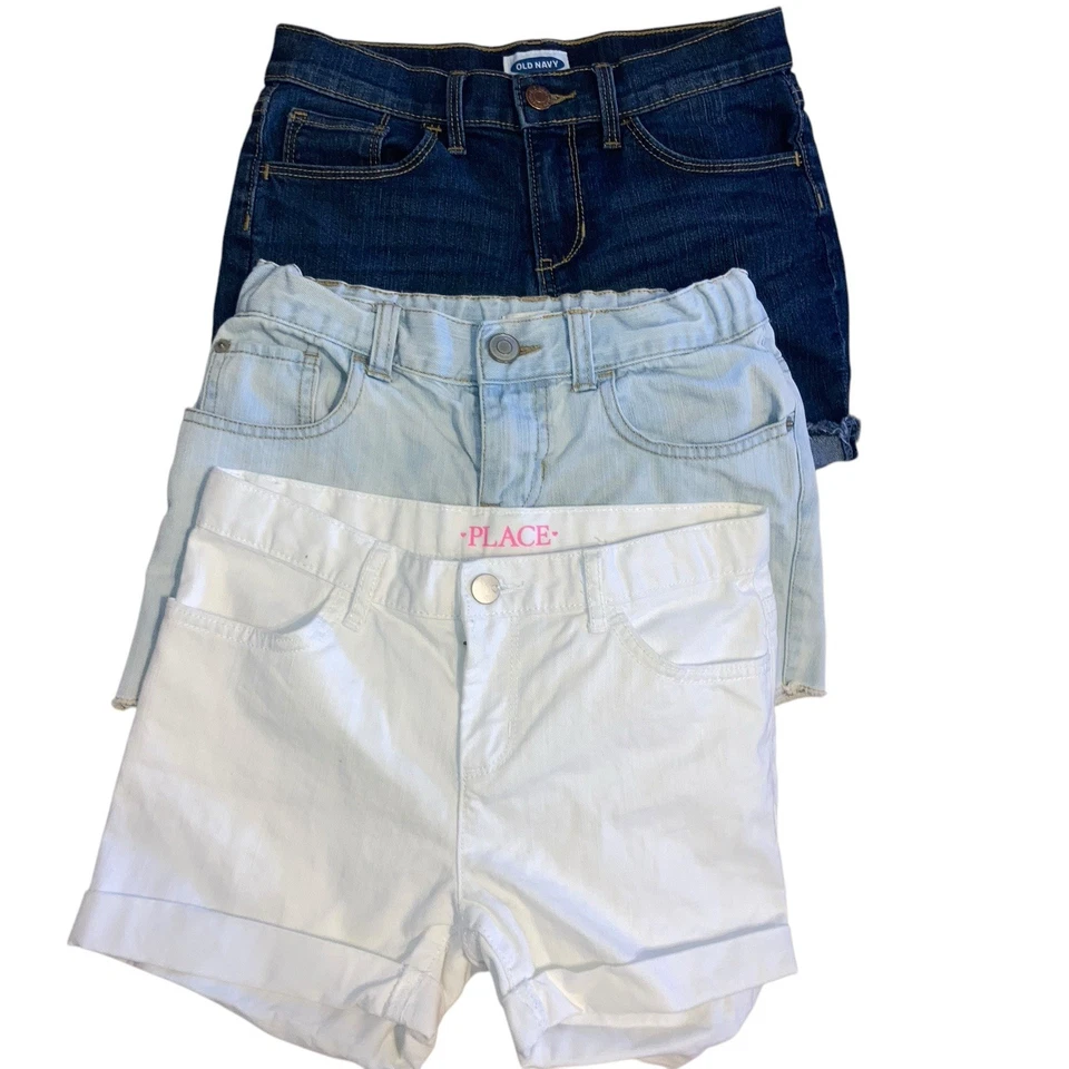 Lot of 3 Denim Old Navy Place Adjustable Waist Girl's Shorts Size 10 Blue White - Image 3 of 4
