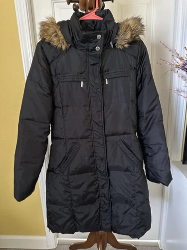 Michael Kors Giacca Cappotto Donna Nero Trapuntato Piumino Cappotto Ecopelliccia Parka Xs