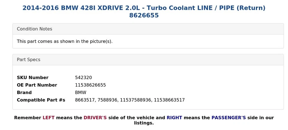 BMW 428I XDRIVE 2014-2016 2,0 L - Turbo refrigerante línea/tubo (retorno) 8626655 Foto 4 de 4