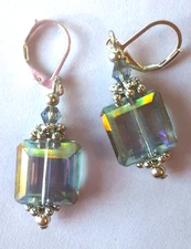 blue grey CHINESE CRYSTAL & Bicone Crystal earring LEVERBACK handcrafted XX