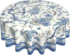 Giwawa Chinoiserie Tablecloth round 60Inch, Blue White Flowers Birds Table Cloth