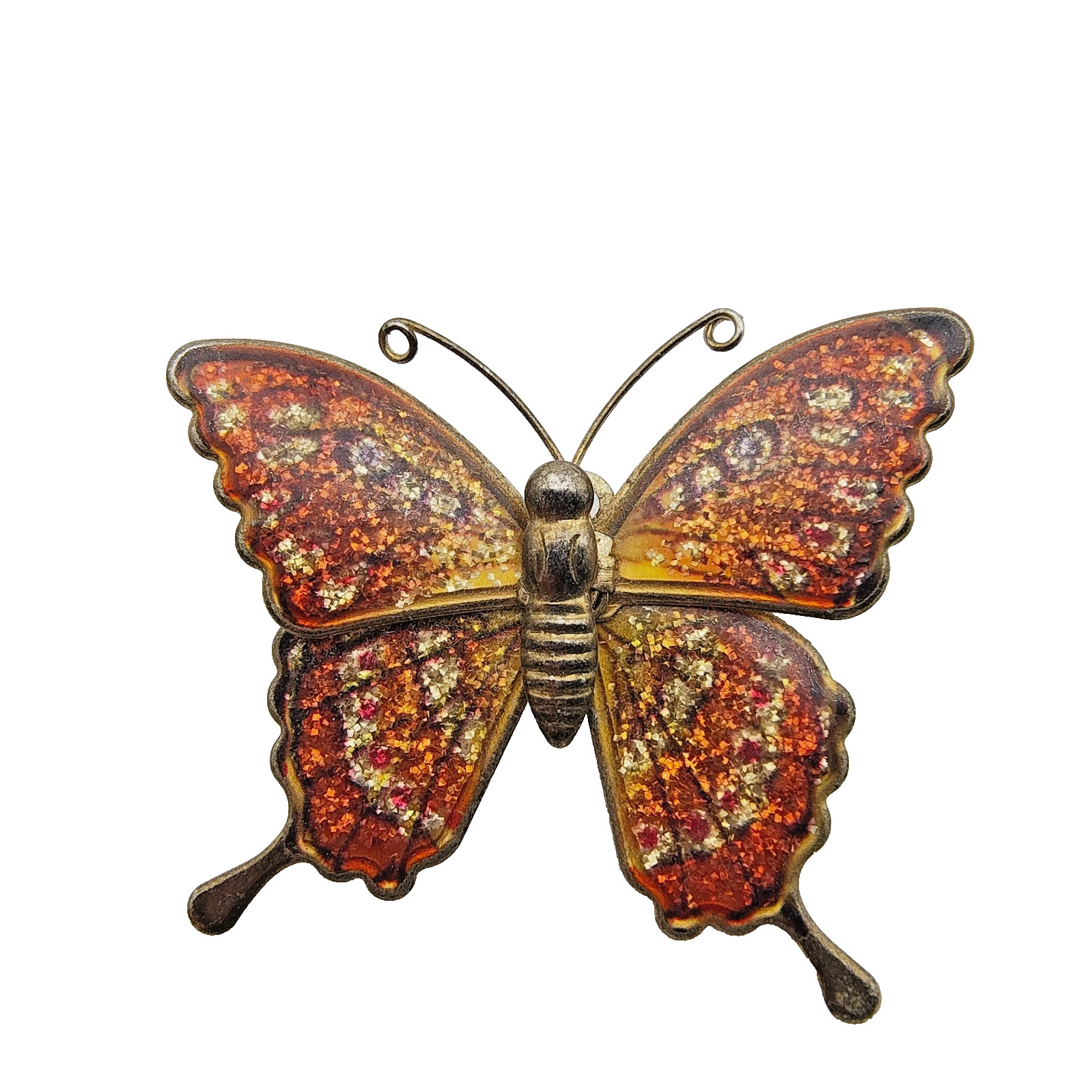 Vintage 1970s Orange Butterfly Brooch Gold Tone Glitter Enamel Cottagecore
