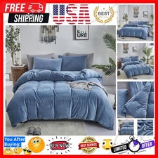 Blue Velvet Comforter Set King Lake Blue Flannel Plush Bedding Set Winter Thi...