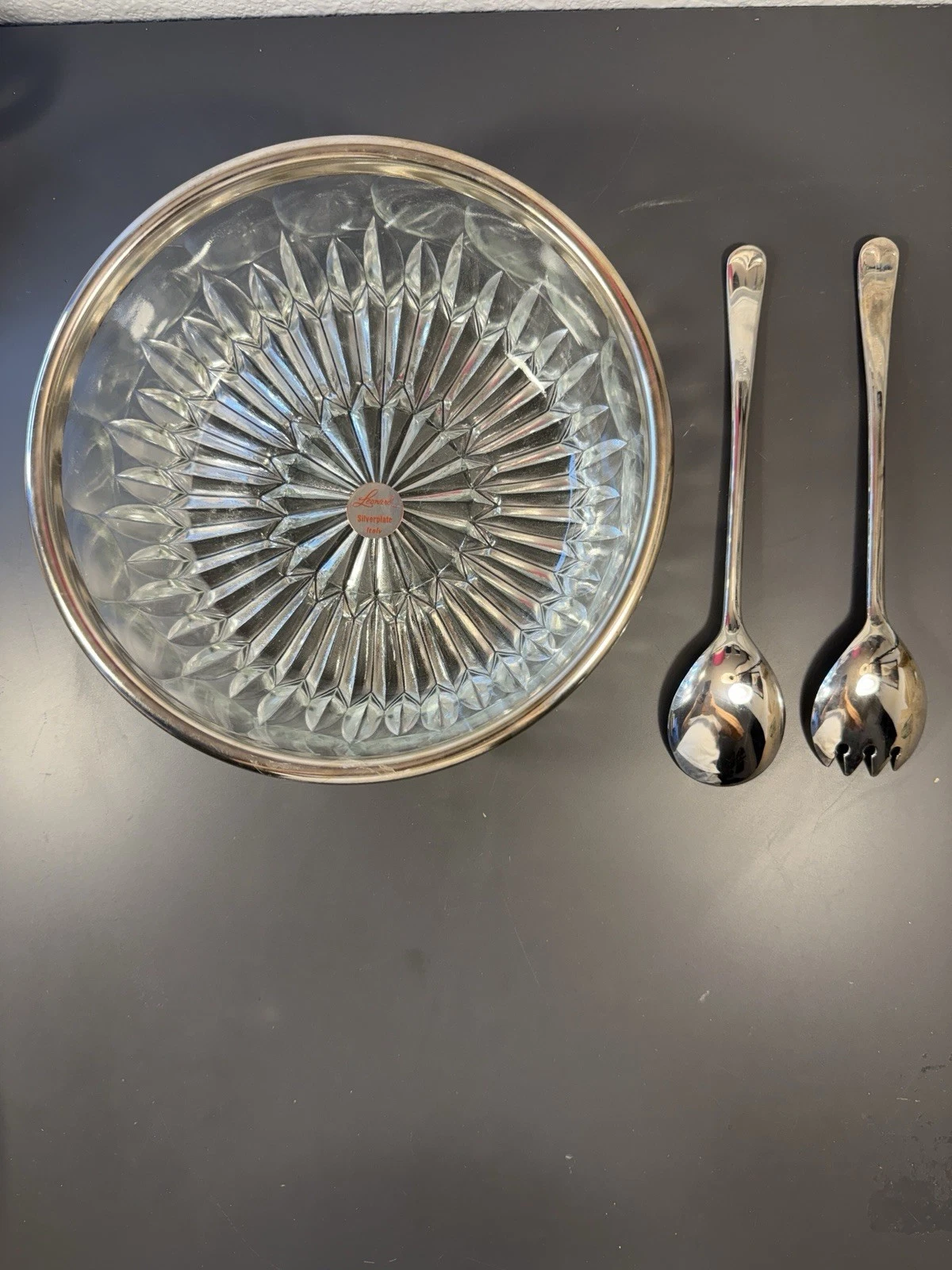 Leonard Italy Silverplate Rim Glass Salad Bowl Set w Servers 9” Vintage