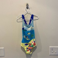 Mini Boden girls' one piece cross back swimsuit tropical surfing print 5-6