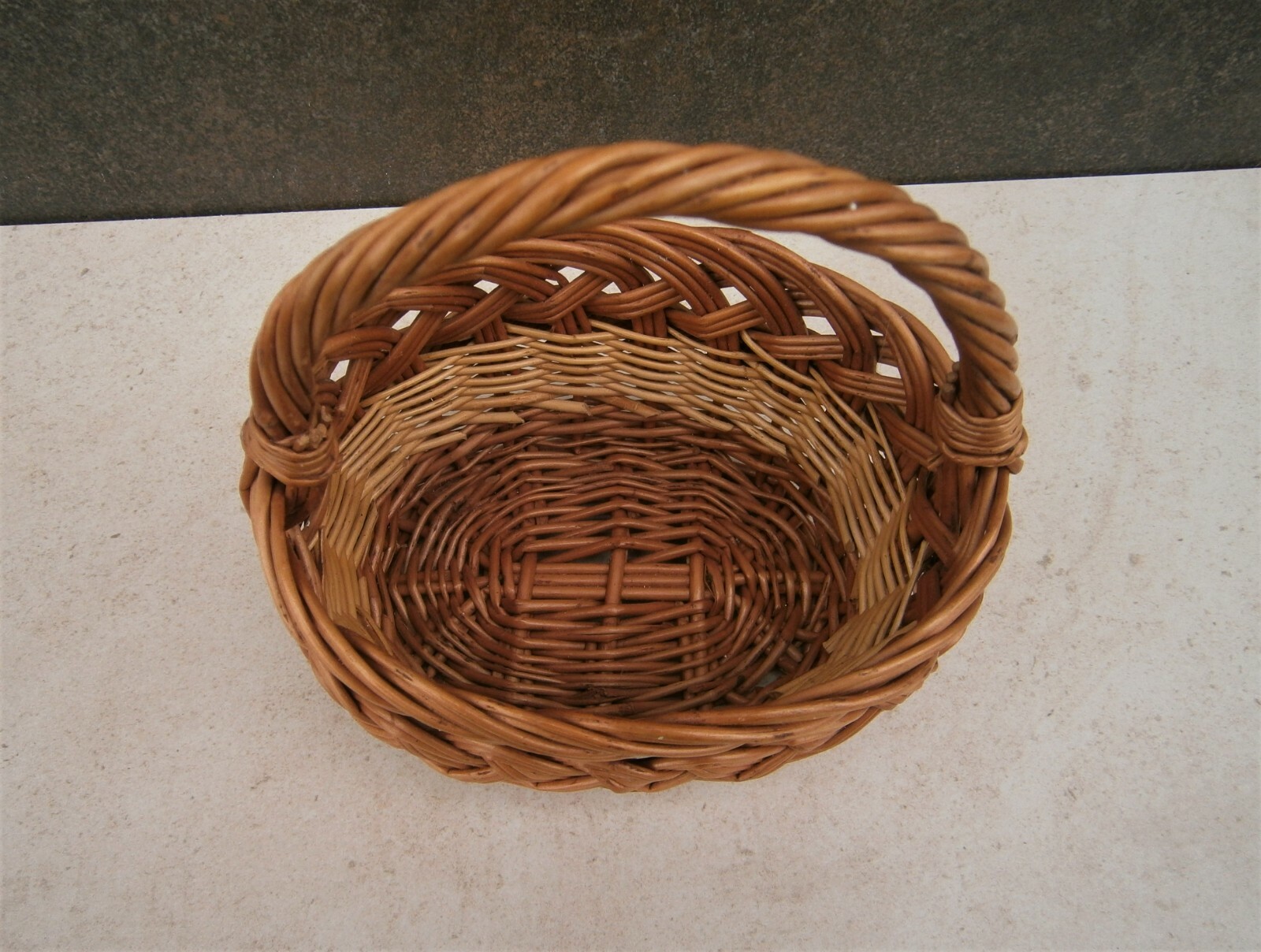Vintage Basket Decorative Woven Wicker w/ Handle Handmade Herring Bone