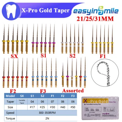 EASYINSMILE Dental Endo Rotary Files X-Pro Gold Taper NITI Root Canal Files 21/25/31MM 6Pcs