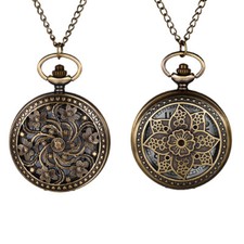 Steampunk Hollow Flower Case Quartz Analog Pocket Watch Chain Necklace Men Women