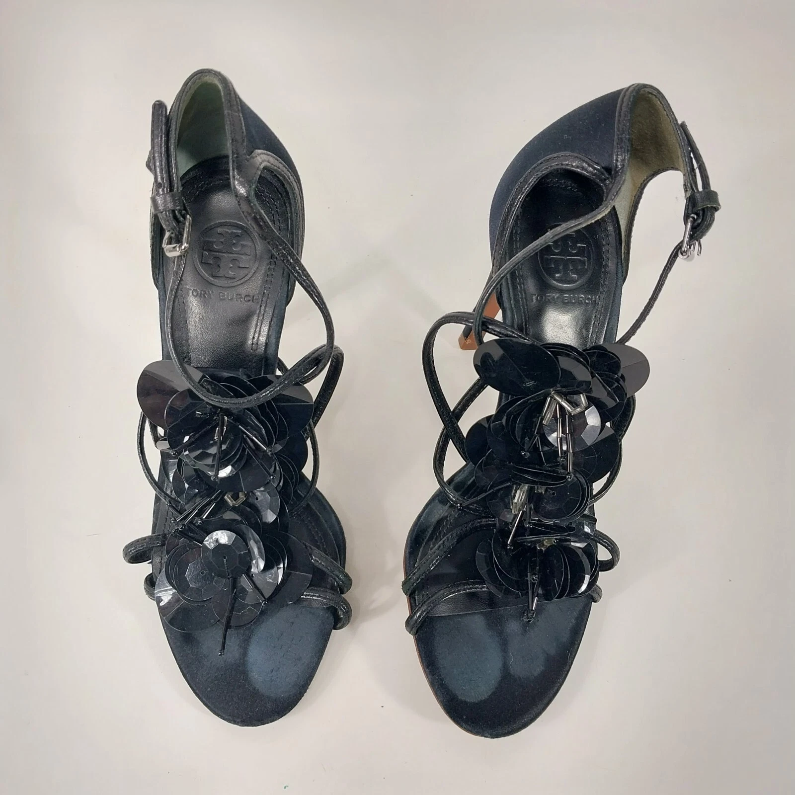 TORY BURCH Sandali 5 Emmanuelle neri tacco alto cinturino stiletto paillettes fiori