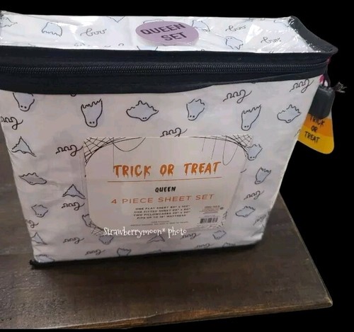 4pc HALLOWEEN Boo Ghost Queen Size Bed Sheet Set Black & White Decor NEW - 第 3/6 張圖片