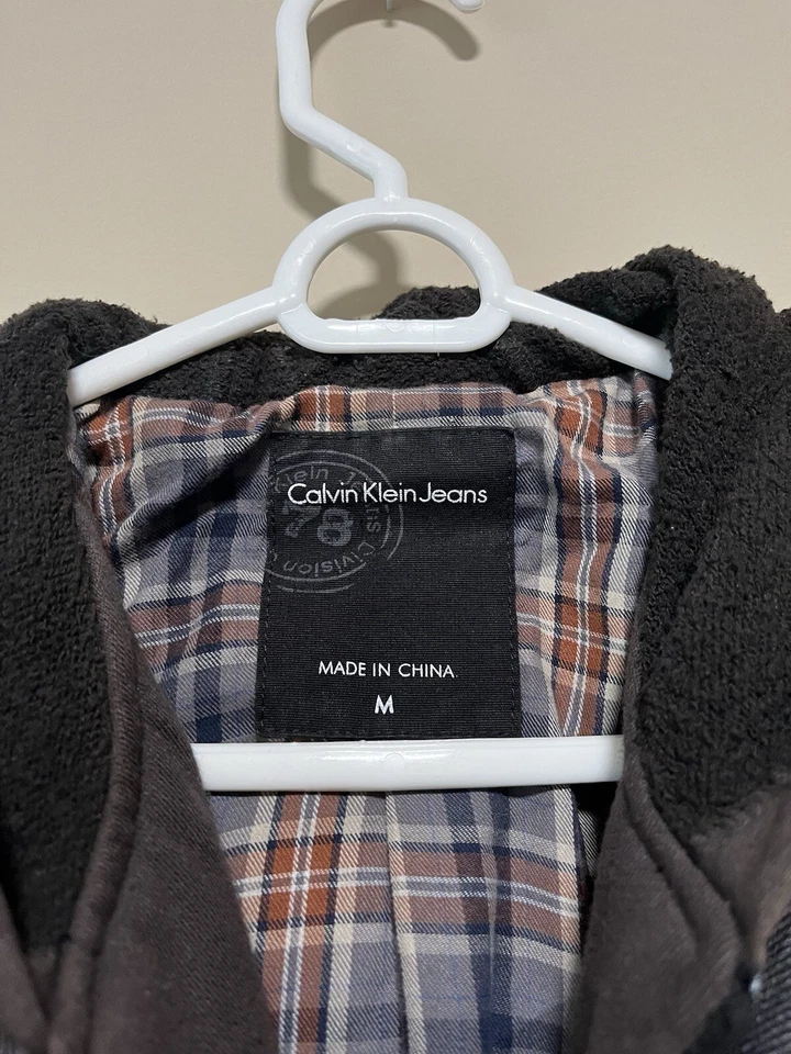 Chaqueta Calvin Klein Chore Abrigo Denim Utilitario Granero Mediano Forrado a Cuadros Gris Capucha Foto 2 de 4