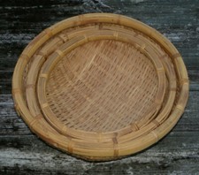 3 Vintage Nested Shallow Round Wicker Baskets-19"-17"-15"-Thick Rims
